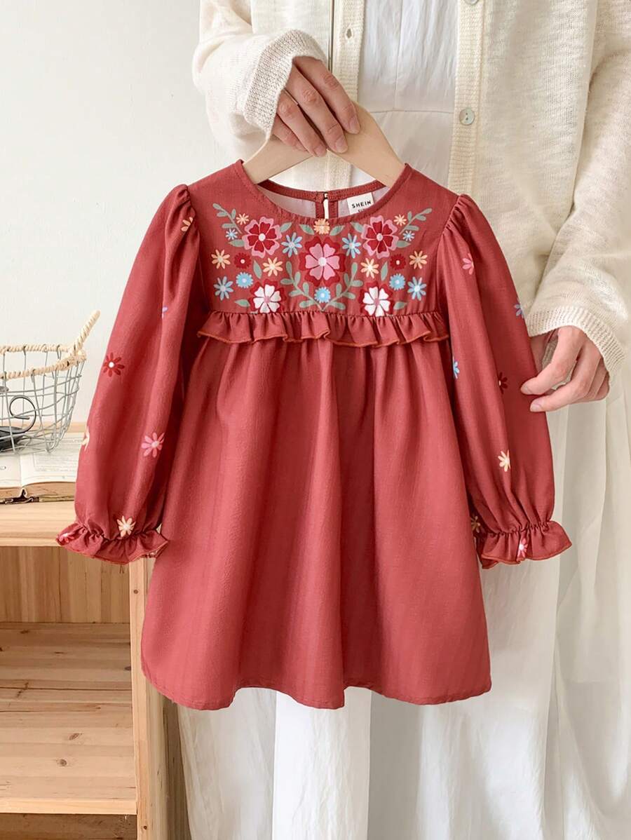 SHEIN LMoss Kids LMoss 女婴秋冬可爱砖红色碎花长袖泡泡袖连衣裙 - 黑色 - 查看 1