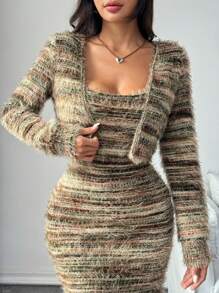 RosyDaze 复古秋冬短款毛呢原创设计混色针织高弹力休闲聚会居家开衫长袖外套性感仅外套不含连衣裙