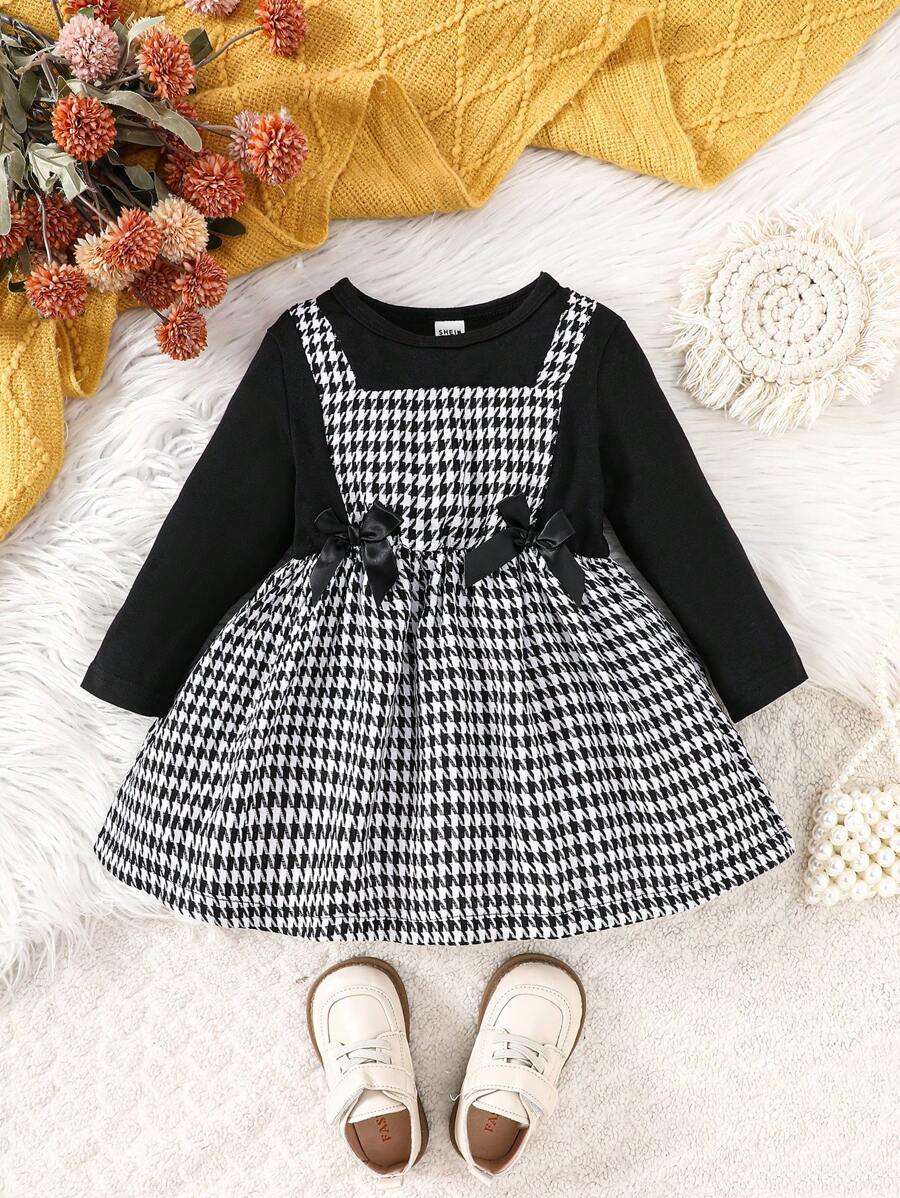 SHEIN Baby Girl Houndstooth Print Bow Front 2 In 1 Dress - Black and White - View 1