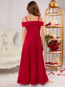 SHEIN Leap Crew Váy dự tiệc không tay dây mảnh quyến rũ thanh lịch cho bé gái tuổi mới lớn, dành cho Giáng sinh - Đỏ - Xem 2