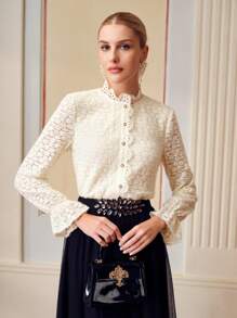 ZEYLAH LACE MOCK NECK FLARE SLEEVE BLOUSE - Apricot - View 5