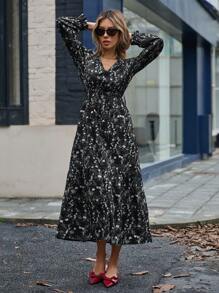 Aveloria Modichic Đầm in hoa ngẫu nhiên, thắt eo, tay áo xòe, cổ chữ V, viền bèo nhún. - Nhiều màu - Xem 7