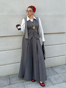 Flirla Plus Size 2pcs Set: Sleeveless Single-Breasted Vest + High Waist Pleated Maxi Skirt, Stylish Lady Set, New Arrival - Grey - View 1