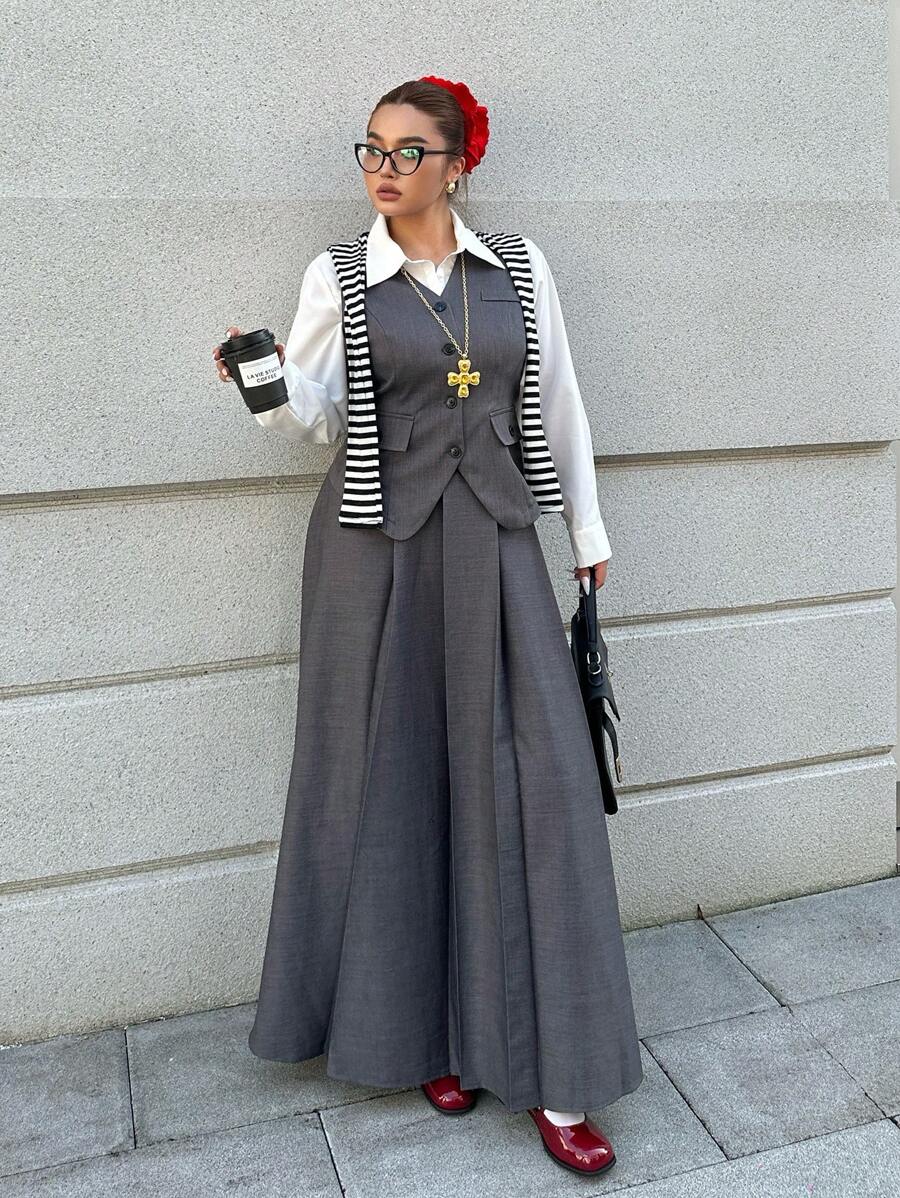 Flirla Plus Size 2pcs Set: Sleeveless Single-Breasted Vest + High Waist Pleated Maxi Skirt, Stylish Lady Set, New Arrival - Grey - View 1