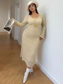 Flirla Fashion Versatile Elegant Lace Cover Up Long Sleeve With Spaghetti Strap Dress Set - Apricot - View 7