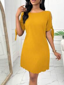 Lyxana 女士圆领短袖直筒串珠连衣裙 - 黃色 - 查看 4