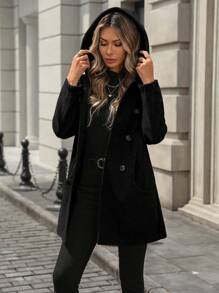EMERY ROSE Áo khoác trùm đầu hai hàng khuy cho nữ, thường ngày cho mùa thu đông Áo khoác đen dài cho nữ Áo khoác đen mùa đông - màu đen - Xem 3