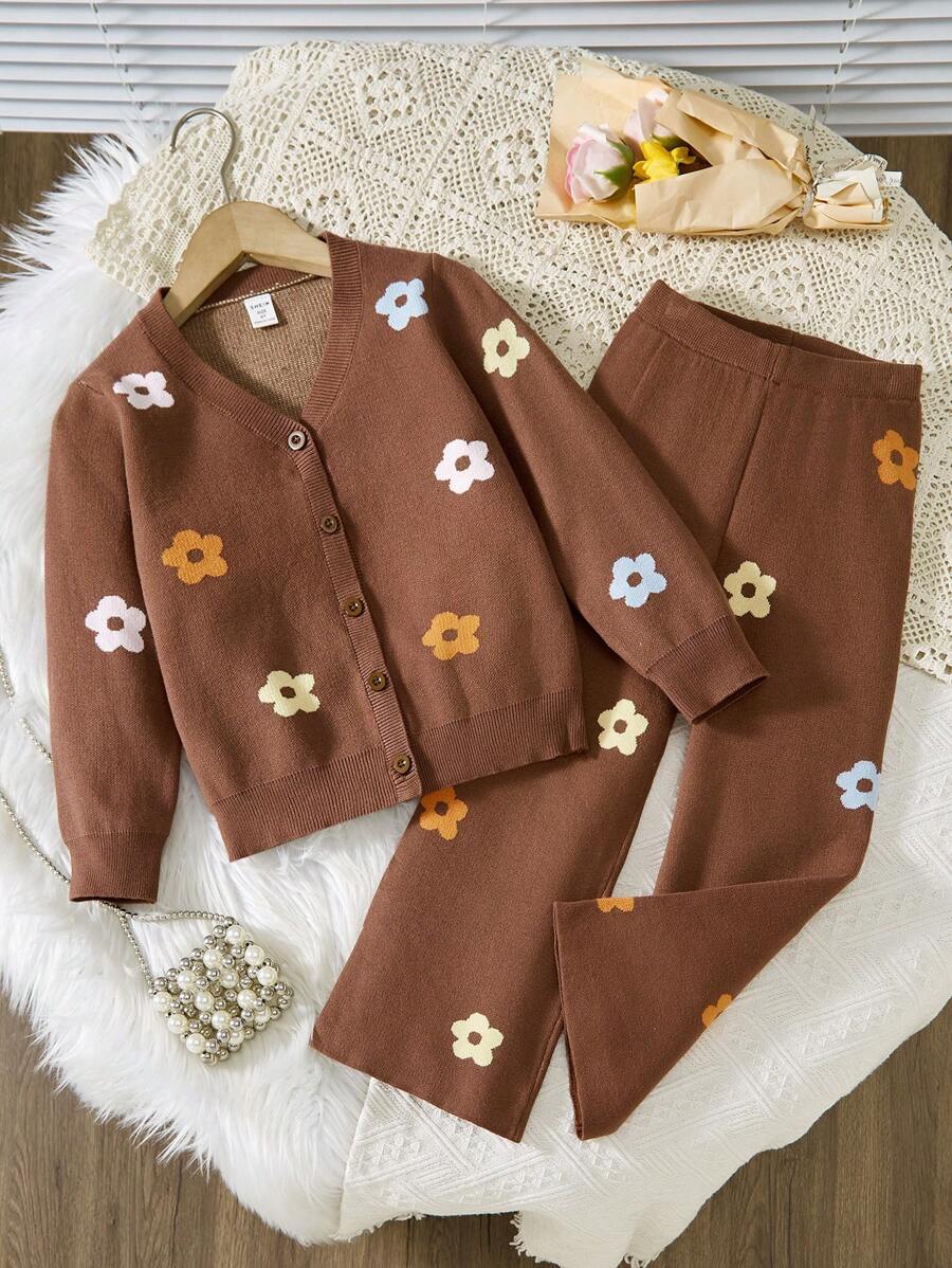 Bộ 2 áo len cardigan dài tay họa tiết hoa giản dị thanh lịch cho bé gái và quần ống rộng, thoải mái và đa năng để mặc ở nhà, mặc hàng ngày, đi chơi, thích hợp cho mùa thu/đông - Cà phê nâu - Xem 1