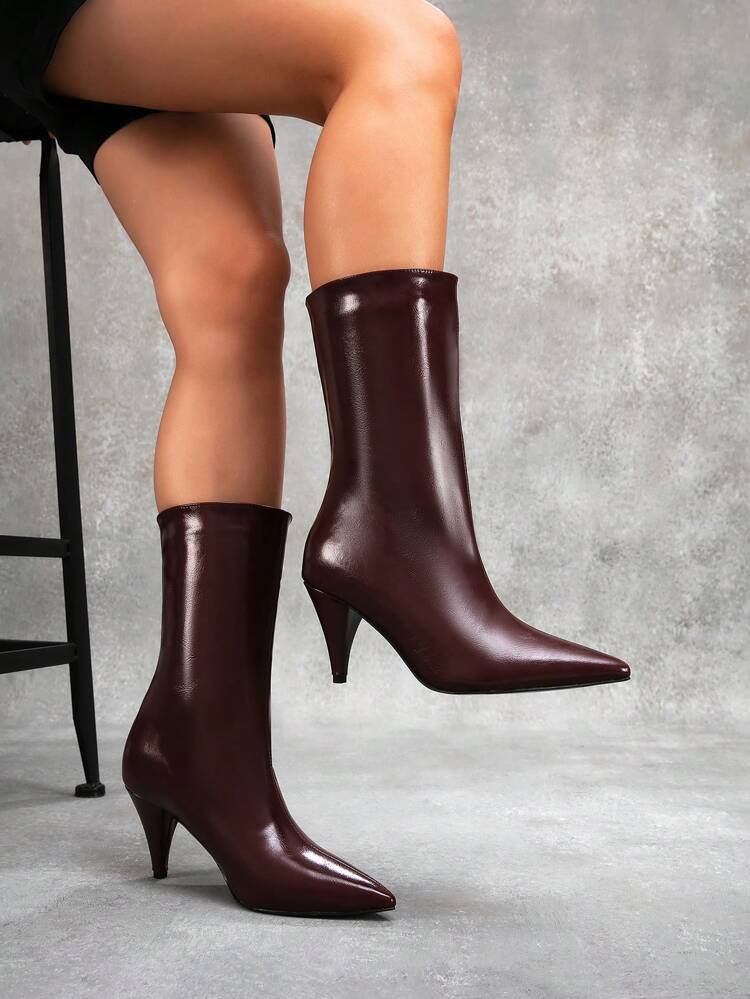 CUCCOO SZL Botas de tacón de aguja de mediados de pantorrilla con punta en color burdeos para mujeres, adecuadas para Navidad, ambiente festivo, citas, noches de fiesta, con vibe navideño y de Año Nuevo, ideal para otoño e invierno