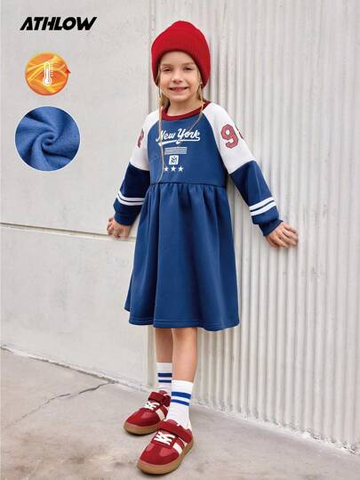 SHEIN 年轻女孩长袖拼布撞色 98 印花网球裙，运动风格羊毛运动衫裙，复古学院风，适合室内/户外运动，时尚冬季