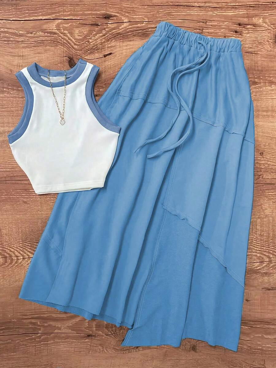 UREREM 2pcs Women's Contrast Rib Knit Casual Sleeveless Top And Asymmetric Drawstring Waist Maxi Skirt Set, 120g Knit Fabric - Blue - View 1