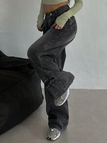 DAZY 女士休闲水洗复古宽松喇叭裤牛仔裤，宽松牛仔裤 - 灰色 - 查看 3