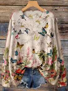 SHEIN LUNE Áo len dài tay cổ tròn họa tiết hoa cỡ lớn cho nữ - Màu be - Xem 1