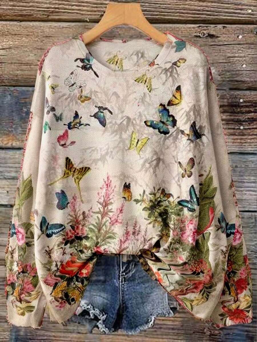 SHEIN LUNE Áo len dài tay cổ tròn họa tiết hoa cỡ lớn cho nữ - Màu be - Xem 1