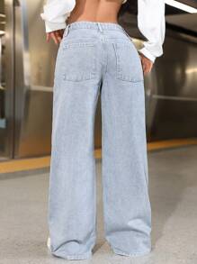 SHEIN ICON Women Front Button Pocket Simple Casual Denim Jeans Y2k - Grey - View 2