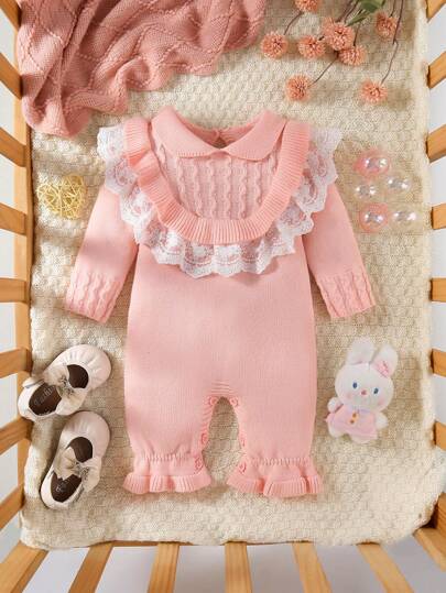SHEIN Baby Girls Knitted Long Sleeve Romper, Cozy & Warm For Autumn/Winter, Pink Floral Lace Ruffled Elegant & Chic For Casual, Homewear, Outdoor, Travel