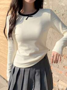 DAZY 1 件女式圆领撞色饰边休闲百搭长袖 T 恤，秋季服装 - 白色 - 查看 2