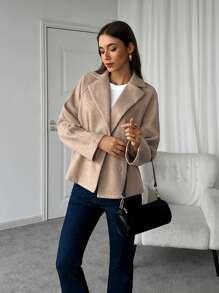 INAWLY Women's Casual Solid Color Double-Breasted Blazer For Autumn/Winter - Khaki - View 3
