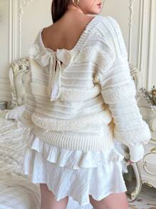 Flirla Plus Size Criss-Cross Back Bow Design Pullover Sweater Knit Pullover Fall Winter - Apricot - View 8