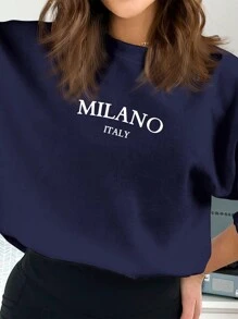 SHEIN EZwear 休闲简约 MILANO 英文文字印花圆领宽松女士运动衫，适合春秋冬季 - 藏蓝色 - 查看 2