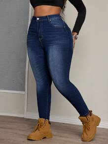 SHEIN SXY Damskie jeansy Plus Size, elastyczne, sprane, obcisłe, z przetarciami