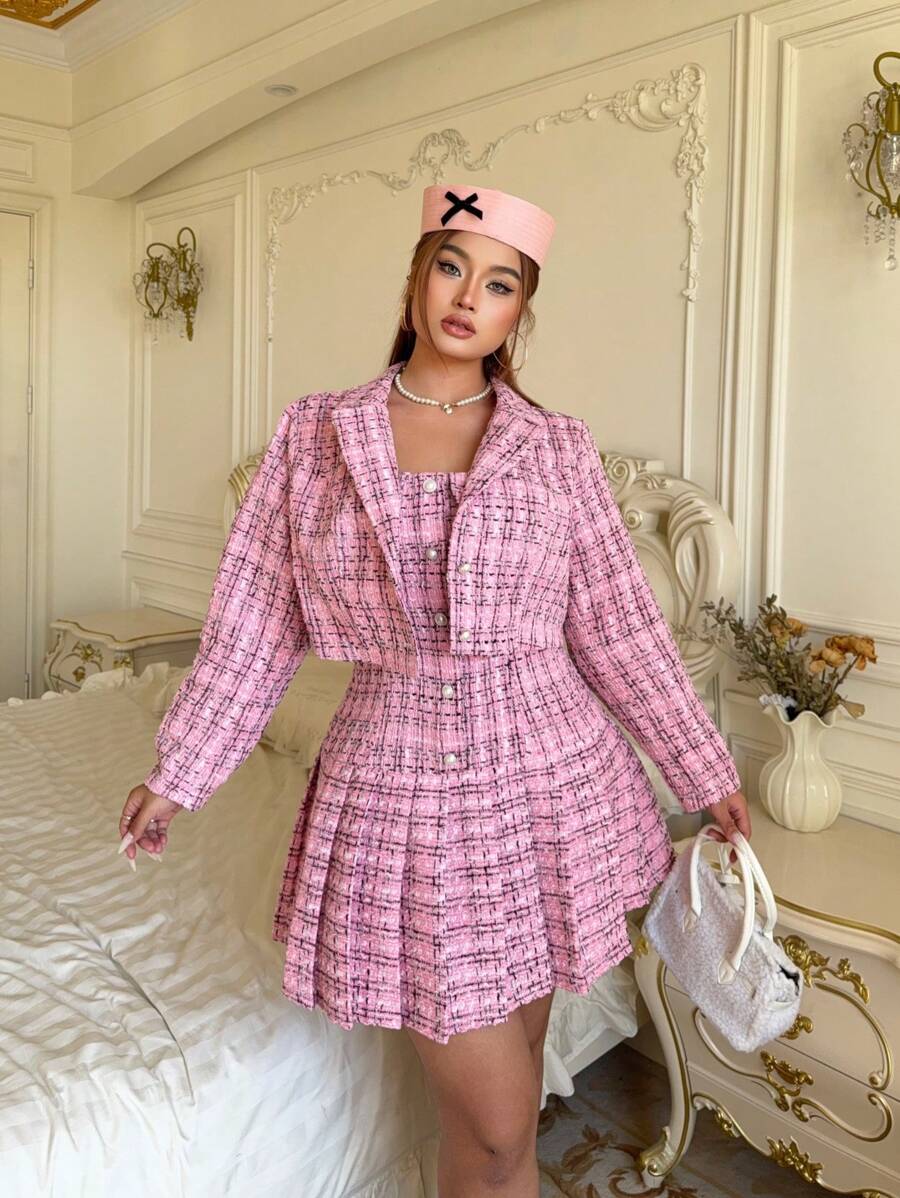 Celure Bộ 2 áo khoác cài nút phía trước họa tiết màu hồng cỡ lớn & váy bó sát không tay, bộ váy dự tiệc mini thanh lịch gợi cảm hợp thời trang, mùa thu, mùa đông - Hồng - Xem 1