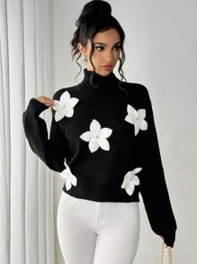 Chiquease 高领休闲撞色花卉拼接加厚套头毛衣，复古风格，适合户外聚会和街头穿着，黑色，秋冬季针织套头衫 - 黑色 - 查看 4