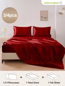 3/4件套床上用品：1件缎面床笠 + 1件缎面床单 + 1/2件缎面枕套，柔软透气，抗皱，提升睡眠质量，奢华酒店风格，馈赠父母和朋友的理想之选，14英寸/35厘米深口袋，可机洗，适用于所有床型——单人床、双人床、大号双人床、特大号双人床。 - 紅色 - 查看 2