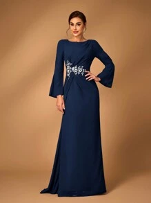 Serin Vestido de mujer elegante de gris y rosa con tela de gasa, cuello redondo, manga larga transparente, detalle de pliegues, apliques de lentejuelas, bajo con cola de pez, adecuado para que las madres asistan a ceremonias de boda, eventos, fiestas y ocasiones formales como madre de la novia