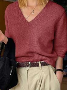 DAZY 女士 V 领商务休闲中性款毛衣，适合通勤、教师装秋季 - 酒紅色 - 查看 4