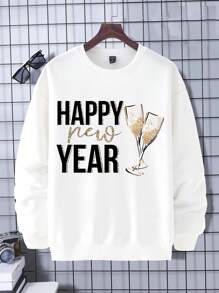 1 peça moletom masculino casual elegante de ano novo com slogan e estampa gráfica de taça de champanhe, de lã, gola redonda, adequado para roupa de festa de ano novo, outono/inverno