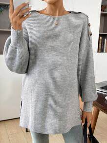 SHEIN Áo len dệt kim màu trơn dài tay cài nút cho bà bầu, đồ dệt kim ấm áp cho mùa thu và đông - Xám - Xem 6