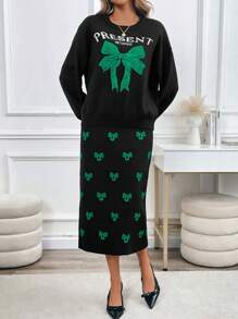 SHEIN Unity 2pcs Casual Set: Jacquard Bow Decor Detail Crew Neck Long Sleeve Top & A-Line Skirt Fall Cloth For Women - Multicolor - View 4