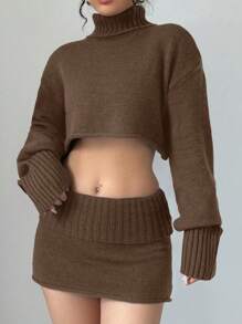 SHEIN Unity 2pcs/Set Women Solid Color Turtleneck Long Sleeve Top & Skirt, Casual Outfit Fall Cloth For Women - Coffee Brown - View 5