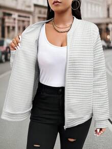 Calvaya 秋季大码纯色纹理拉链夹克 - 白色 - 查看 5