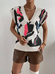 Chiquease Áo len dệt kim cổ chữ V họa tiết đơn giản cho nữ cỡ lớn - Nhiều màu - Xem 3