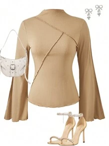Teen Girl Solid Color Lace Trim Fitted Flare Sleeve Long Sleeve T-Shirt