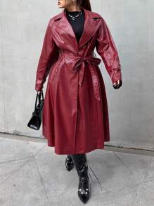 Flirla Plus Size Snake Emboss Pu Faux Leather Long Jacket, Deep Red Burgundy Color For Women - Burgundy - View 1