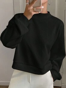 DAZY 1 件女士休闲纯色纹理宽松运动衫，秋冬，长袖上衣，秋季女装 - 黑色 - 查看 4