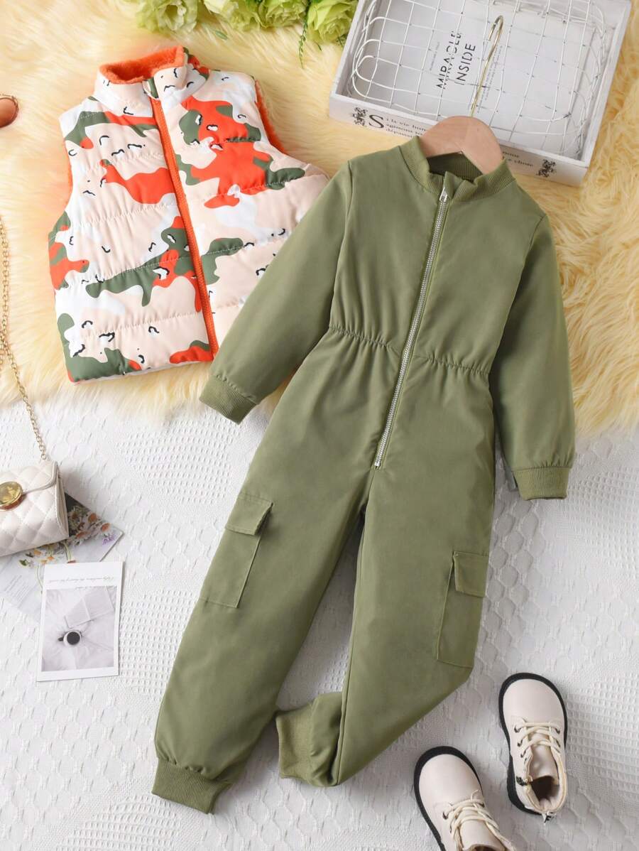 Set de 2 piezas con chaleco cálido con estampado camuflaje y pantalón informal tipo mono con cremallera media para niña, uso diario, nuevo para otoño/invierno