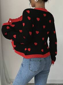 Elenzga 女士纯色拼布前扣长袖休闲修身开衫 - 黑色 - 查看 2