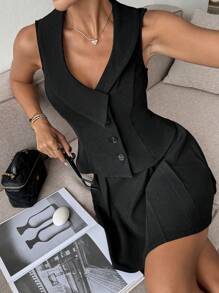 SHEIN Frenchy 优雅纯色不对称领背心和迷你裙套装