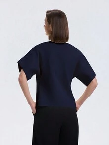 1 buah Kardigan Kasual Wanita Warna Polos Lengan Kelelawar Kancing Tunggal, Musim Gugur - Navy Blue - View 3