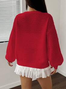 SHEIN Unity 女士纯色纽扣前长袖开衫，新年休闲日常服装 - 紅色 - 查看 2