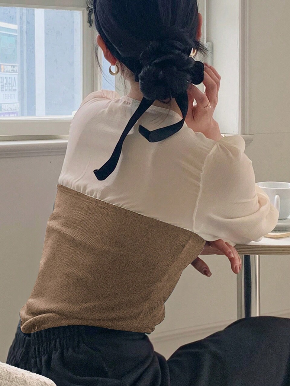 Women Coffee & Brown Color Block Long Lantern Sleeve Blouse, Spring/Summer/Autumn Long Sleeve Top