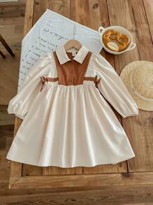 SHEIN Leap Crew Mädchenkleid im Sommer-Patchwork-Stil mit Prinzessin-Ärmeln, Kurzarm, Hemdkragen, geeignet für Outdoor-Treffen, Urlaub und andere Anlässe - Weiss - Übersicht 2