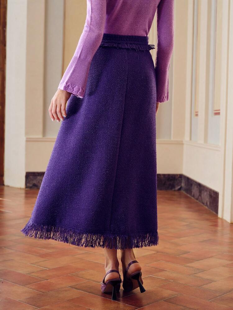 ZEYLAH TWEED SOLID SLANT POCKET FRINGE HEM SKIRT