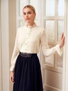 ZEYLAH LACE MOCK NECK FLARE SLEEVE BLOUSE - Apricot - View 6