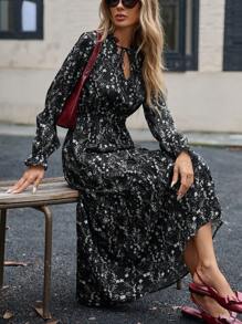 Aveloria Modichic Đầm in hoa ngẫu nhiên, thắt eo, tay áo xòe, cổ chữ V, viền bèo nhún. - Nhiều màu - Xem 8