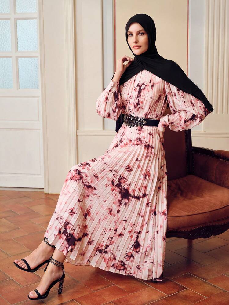 ZEYLAH ALLOVER PRINT FRILL MOCK NECK PLEATED DRESS WITHOUT BELT